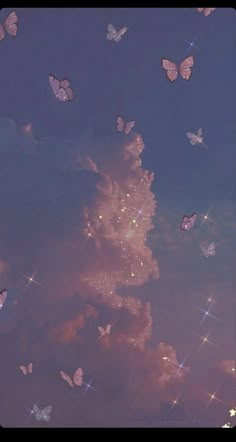 there are many pink butterflies flying in the sky above some clouds and stars that look like they have been made out of glitter