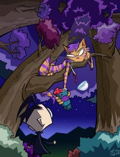 an image of a cartoon cat in the woods at night with purple and blue colors