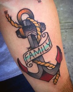 an anchor with a ribbon and the word family on it is shown in this tattoo