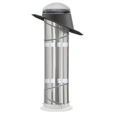 a silver hat is on top of a metal pole with a white ribbon around it