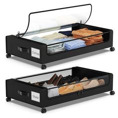 two black rolling drawers with clothes and shoes in them