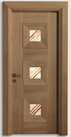 a wooden door with three glass panels on it