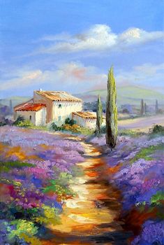 a painting of a lavender field with a house in the distance