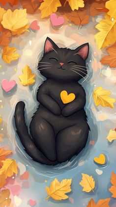 a black cat is sitting in the water surrounded by autumn leaves and floating heart shapes