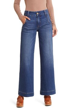 Make a casual-chic statement in these faded jeans featuring wide legs and low-stretch denim. 30 1/2" inseam; 22" leg opening; 11" front rise: 14 1/2" back rise (size 2) 93% cotton, 6% polyester, 1% spandex Machine wash, tumble dry Imported Wide-leg Washed Cropped Jeans For Fall, Wide Leg Washed Cropped Jeans For Fall, Fall Washed Wide Leg Cropped Jeans, Fall Medium Wash Wide-leg Flare Jeans, Fall Medium Wash Cropped Wide Leg Pants, Fall Cropped Wide Leg Pants In Medium Wash, Medium Wash Wide Leg Pants For Fall, Medium Wash Mid-rise Wide Leg Pants With Five Pockets, Mid-rise Medium Wash Wide Leg Pants With Five Pockets