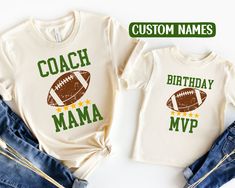 From cake to kickoffs, celebrate your little one's special day like a true football fan! These playful, sporty shirts make the perfect outfit for a football-themed birthday party, ensuring that everyone is ready to cheer on the birthday MVP! HOW TO ORDER:  1. Select your size 2. Select you design phrase. You may select a predesigned phrase or create a custom phrase (see next step) 3. In the personalization box, please type 'NA' if you chose a predesigned phrase. If you chose custom- please list Football First Birthday Party, Football First Birthday, Birthday Party Shirts, Birthday Football, Football Family, First Birthday Shirt, Football Theme Party, Football Birthday Party, Football Theme