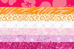 pink, orange, and white glittered paper with different designs on it's sides