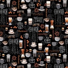 a black background with coffee related items