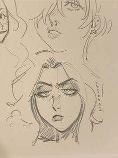 three different sketches of women's faces in various stages of drawing, with one woman looking at the camera