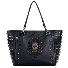 Skull Tote Bag Pu Washed Leather Rivet Studded Ladies Purse Shoulder Bag Dimensions - 12.40"L X 6.10"W X 10.63"H. Weight: 2.56 Pounds. Adjustable Shoulder Strap: 49.88"(Longest Size). Ultra Soft Synthetic Washed Leather With Heavy Duty Zipper Hardware. 2 Detachable Top Handles And 1 Removable/Adjustable Shoulder Strap. Edgy Black Bags With Silver-tone Hardware, Edgy Black Bag With Silver-tone Hardware, Edgy Black Shoulder Bag With Palladium Hardware, Edgy Black Bags With Palladium Hardware, Black Edgy Bags With Palladium Hardware, Gothic Leather Shoulder Bag For Daily Use, Black Punk Style Evening Bags, Black Punk Evening Bags, Punk Style Rectangular Evening Bags