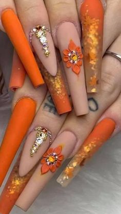 Orang And Gold Nails, Thanksgiving Nails Long, Long Acrylic Nails Designs Ideas Fall, Thanksgiving Nails Acrylic Coffin, Nail Ideas Art, Fall Encapsulated Nails, September Birthday Nails, Fall Bling Nails, Fall Long Nails