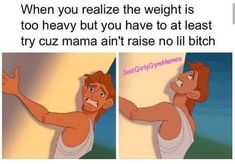 an image of a cartoon character pointing to the right with caption that reads, when you realize the weight is too