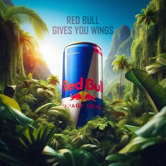 a can of red bull energy drink surrounded by tropical plants and palm trees with the words, give you wings