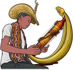 a man in a sombrero is weaving a long piece of fabric on a loom