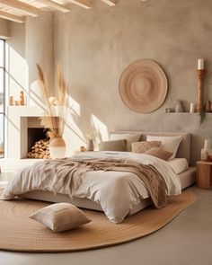 deco chambre boheme nature beton Beige Limewash Bedroom, Bedroom Ideas Wabi Sabi, Bedroom Inspirations Limewash, Bedroom Cosy, Small Bedroom Wabi Sabi, Bedroom Provence Style, Concrete Bed, Zen Bedroom, Sanctuary Bedroom