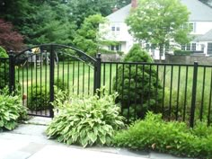 an iron gate in front of a lush green yard