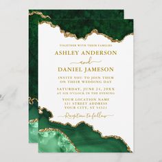 a green and gold wedding card