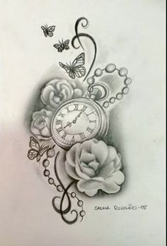 a drawing of a clock with flowers and butterflies