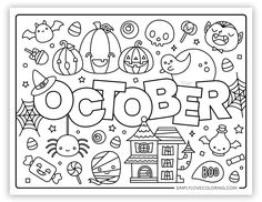 the word october is surrounded by halloween related items and symbols in black and white coloring pages