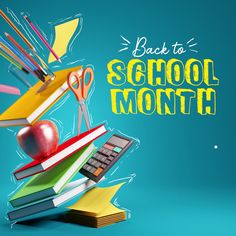 back to school poster with books, scissors and an apple on top of each other