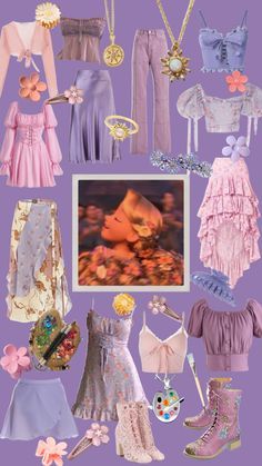 a collage of clothes, shoes and jewelry on a purple background with an image of a woman's face