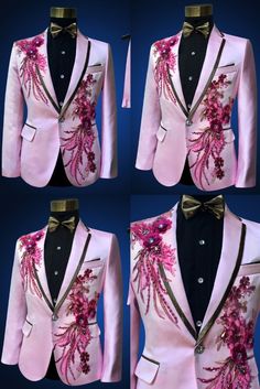 Men Pink Suits Sequins Embroidered Rhinestone Male Host Wedding Dress Man Singer Dancer Costume Fitted Sets With Pearl Embroidery For Ceremony, Festive Embellished Suits For Wedding, Fitted Ceremony Sets With Pearl Embroidery, Embellished Fitted Suits For Wedding, Embellished Long Sleeve Wedding Suit, Embellished Wedding Suit With Long Sleeves, Embellished Fitted Wedding Suit, Festive Fitted Pink Suits, Wedding Suits With Sequins