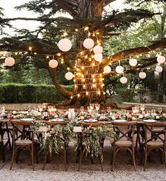 an outdoor dinner table set up under a large tree with paper lanterns hanging from it's branches