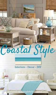 the cover of coastal style interiors and decor diy, featuring an image of a living room