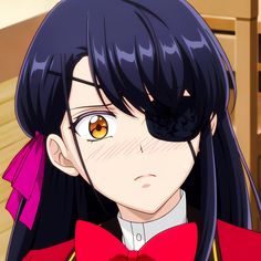 an anime character with long black hair wearing a red bow tie and yellow eyes looking at the camera