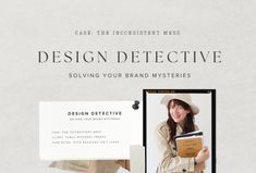 a woman holding a book in her hand and the words design detective above it