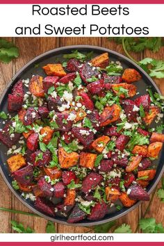 roasted beets with feta cheese and parsley in a pan on a wooden table