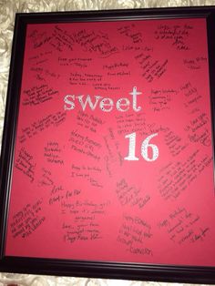 the sweet 16 sign is framed in black with red and white writing on it's side