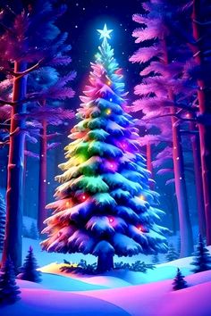 a brightly colored christmas tree in the middle of a snowy forest with stars on it