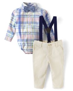 Birthdays, holidays, graduations. this head-to-toe set is the sweetest way to style your little one for spring moments! Bodysuit made of 100% cotton poplin Chino pants made of 98% cotton twill/2% spandex We're making a difference! We've proudly partnered with Better Cotton to improve cotton farming globally. When you buy cotton styles from us, you're helping to support sustainable cotton farming. Learn more at bettercotton.org/massbalance. 2-piece outfit set includes: 1 plaid bodysuit with chest patch pocket and removable bow tie Button front; snap closures at bottom for easy changing Pointed button collar Long roll-up sleeves with button-tab cuffs 1 pair of chino pants with belt loops Button closure no-zip fly and elasticized back waist Front side slant pockets; back welt pockets 1 pair o Fitted Sets For School Spring Season, Fitted Spring Sets For School, Spring School Fitted Sets, Casual Cotton Set For First Birthday, Cute School Sets For Spring, Cute Spring School Sets, Preppy Cotton Sets For Spring, Preppy Cotton School Sets, Preppy Fitted Cotton Sets