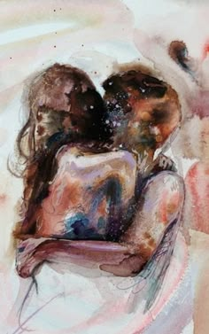 two people are hugging each other on a painting with watercolors and pastel