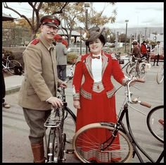 Corseted and ready for a spin on  our reproduction 1888 "Safety Bicycles" at LA Tweed Ride 2015. Red wool and silk cycling suit was made here at Lily Absinthe. Sack Suit, Tweed Ride, Charles Dana Gibson, Cycling Suit, Blue Stockings, 1890s Fashion, Cycling Clothes, Leg Of Mutton Sleeve, Formal Evening Wear