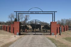 a gated entrance to a farm with a cow in the center and trees on either side