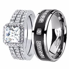 two wedding rings with black and white diamonds on each side, one has a princess cut diamond