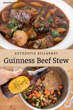 a person pouring beer into a pot filled with beef stew