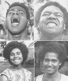 four black and white photos of people with their mouths open in the same photo,