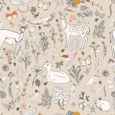 an animal themed wallpaper with deers, flowers and plants on beige background in pastel tones