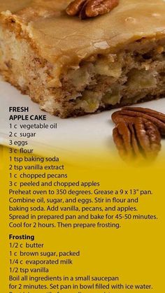 a recipe for apple cake on a plate with pecans