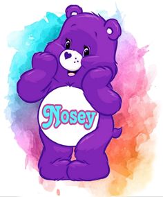 a purple teddy bear holding a white ball with the word nosey on it's chest