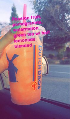 someone holding up a drink in their hand with the caption, reason fruit pineapple watermelon green tea w / hot lemonade blended