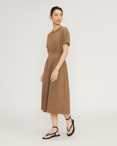 The Organic Cotton Waisted Dress Toasted Coconut – Everlane Solid Color Midi Dress With Relaxed Skirt, Solid Color Midi Length Dress With Relaxed Skirt, Fall Midi-length Dresses With Relaxed Skirt, Relaxed Midi Dress With Pleated Waist, Workwear Midi Dress With Elastic Waistband, Everlane Summer Midi Dress, Classic Relaxed Fit Midi Dress For Daywear, Chic Relaxed Fit Dress With Crew Neck, Chic Crew Neck Dress With Relaxed Fit