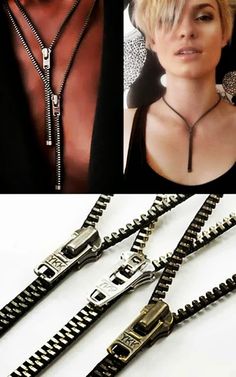 a woman with short blonde hair is wearing black and silver necklaces that have chains attached to them