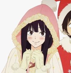 two anime characters dressed in winter clothing