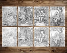 six different drawings of people sitting in the woods