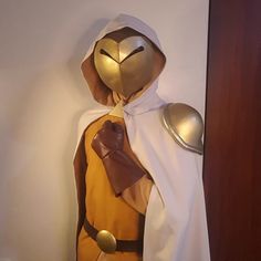 the costume is made to look like an owl with a cape and armor on it