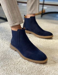 Blue Chelsea Boots, Navy Blue Boots, Boots Outfit Men, Navy Blue Shoes, Botas Chelsea, Custom Design Shoes, Blue Boots, Suede Chelsea Boots, Chelsea Boots Men